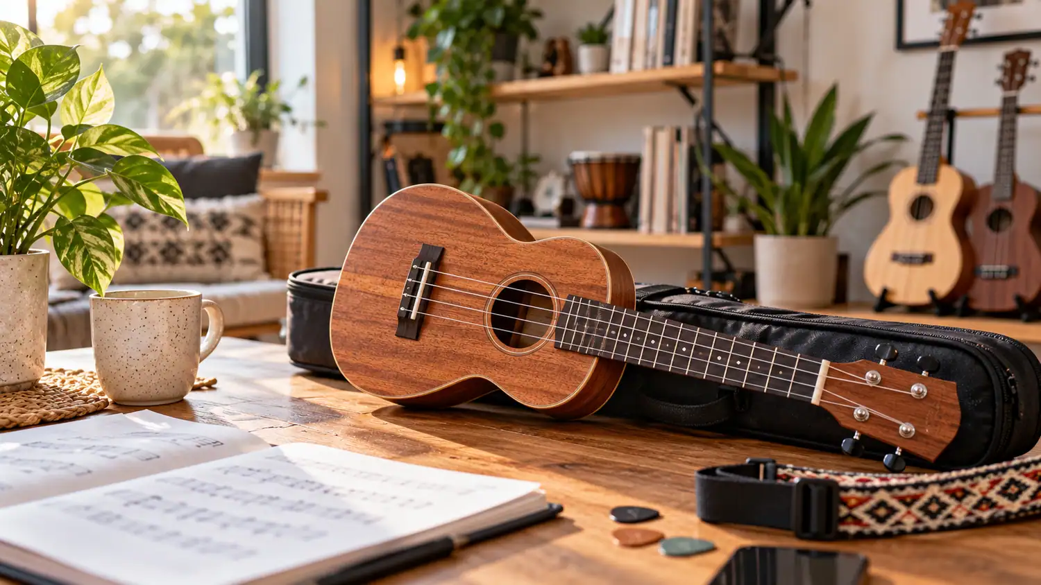 Przytulny kącik z ukulele i muzyką